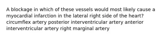 A blockage in which of these vessels would most likely cause a myocardial infarction in the lateral right side of <a href='https://www.questionai.com/knowledge/kya8ocqc6o-the-heart' class='anchor-knowledge'>the heart</a>? circumflex artery posterior interventricular artery anterior interventricular artery right marginal artery