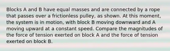 Blocks A and B have equal masses and are connected by a rope that passes over a frictionless pulley, as shown. At this moment, the system is in motion, with block B moving downward and A moving upward at a constant speed. Compare the magnitudes of the force of tension exerted on block A and the force of tension exerted on block B.