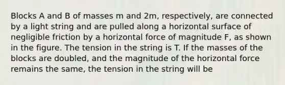 Blocks A and B of masses m and 2m, respectively, are connected by a light string and are pulled along a horizontal surface of negligible friction by a horizontal force of magnitude F, as shown in the figure. The tension in the string is T. If the masses of the blocks are doubled, and the magnitude of the horizontal force remains the same, the tension in the string will be