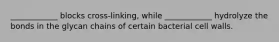 ____________ blocks cross-linking, while ____________ hydrolyze the bonds in the glycan chains of certain bacterial cell walls.