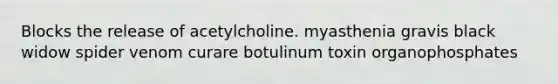 Blocks the release of acetylcholine. myasthenia gravis black widow spider venom curare botulinum toxin organophosphates