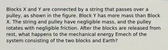 Blocks X and Y are connected by a string that passes over a pulley, as shown in the figure. Block Y has more mass than Block X. The string and pulley have negligible mass, and the pulley rotates with negligible friction. After the blocks are released from rest, what happens to the mechanical energy Emech of the system consisting of the two blocks and Earth?