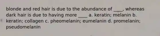 blonde and red hair is due to the abundance of ____, whereas dark hair is due to having more ____ a. keratin; melanin b. keratin; collagen c. pheomelanin; eumelanin d. promelanin; pseudomelanin