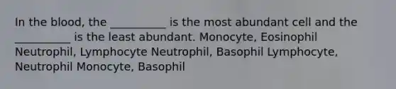 In the blood, the __________ is the most abundant cell and the __________ is the least abundant. Monocyte, Eosinophil Neutrophil, Lymphocyte Neutrophil, Basophil Lymphocyte, Neutrophil Monocyte, Basophil