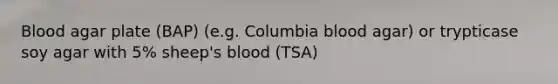 Blood agar plate (BAP) (e.g. Columbia blood agar) or trypticase soy agar with 5% sheep's blood (TSA)