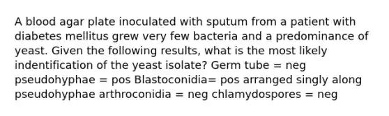 A blood agar plate inoculated with sputum from a patient with diabetes mellitus grew very few bacteria and a predominance of yeast. Given the following results, what is the most likely indentification of the yeast isolate? Germ tube = neg pseudohyphae = pos Blastoconidia= pos arranged singly along pseudohyphae arthroconidia = neg chlamydospores = neg