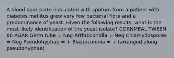 A blood agar plate inoculated with sputum from a patient with diabetes mellitus grew very few bacterial flora and a predominance of yeast. Given the following results, what is the most likely identification of the yeast isolate? CORNMEAL TWEEN 80 AGAR Germ tube = Neg Arthroconidia = Neg Chlamydospores = Neg Pseudohyphae = + Blastoconidia = + (arranged along pseudohyphae)
