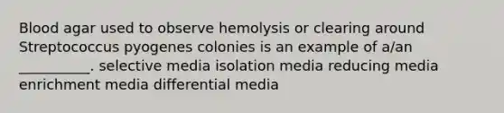 Blood agar used to observe hemolysis or clearing around Streptococcus pyogenes colonies is an example of a/an __________. selective media isolation media reducing media enrichment media differential media