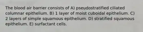 The blood air barrier consists of A) pseudostratified ciliated columnar epithelium. B) 1 layer of moist cuboidal epithelium. C) 2 layers of simple squamous epithelium. D) stratified squamous epithelium. E) surfactant cells.