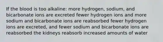 If the blood is too alkaline: more hydrogen, sodium, and bicarbonate ions are excreted fewer hydrogen ions and more sodium and bicarbonate ions are reabsorbed fewer hydrogen ions are excreted, and fewer sodium and bicarbonate ions are reabsorbed the kidneys reabsorb increased amounts of water