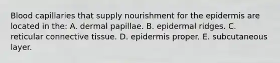 Blood capillaries that supply nourishment for <a href='https://www.questionai.com/knowledge/kBFgQMpq6s-the-epidermis' class='anchor-knowledge'>the epidermis</a> are located in the: A. dermal papillae. B. epidermal ridges. C. reticular <a href='https://www.questionai.com/knowledge/kYDr0DHyc8-connective-tissue' class='anchor-knowledge'>connective tissue</a>. D. epidermis proper. E. subcutaneous layer.