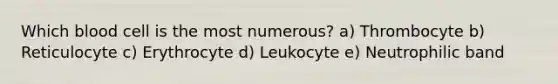 Which blood cell is the most numerous? a) Thrombocyte b) Reticulocyte c) Erythrocyte d) Leukocyte e) Neutrophilic band