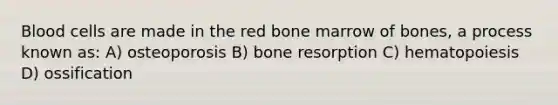 Blood cells are made in the red bone marrow of bones, a process known as: A) osteoporosis B) bone resorption C) hematopoiesis D) ossification