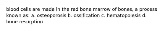 blood cells are made in the red bone marrow of bones, a process known as: a. osteoporosis b. ossification c. hematopoiesis d. bone resorption