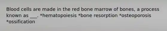 Blood cells are made in the red bone marrow of bones, a process known as ___. *hematopoiesis *bone resorption *osteoporosis *ossification