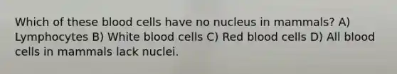 Which of these blood cells have no nucleus in mammals? A) Lymphocytes B) White blood cells C) Red blood cells D) All blood cells in mammals lack nuclei.