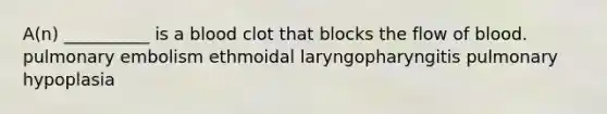 A(n) __________ is a blood clot that blocks the flow of blood. pulmonary embolism ethmoidal laryngopharyngitis pulmonary hypoplasia