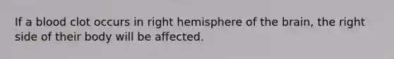 If a blood clot occurs in right hemisphere of the brain, the right side of their body will be affected.