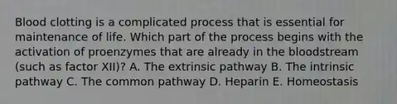 Blood clotting is a complicated process that is essential for maintenance of life. Which part of the process begins with the activation of proenzymes that are already in <a href='https://www.questionai.com/knowledge/k7oXMfj7lk-the-blood' class='anchor-knowledge'>the blood</a>stream (such as factor XII)? A. The extrinsic pathway B. The intrinsic pathway C. The common pathway D. Heparin E. Homeostasis