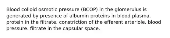 Blood colloid osmotic pressure (BCOP) in the glomerulus is generated by presence of albumin proteins in blood plasma. protein in the filtrate. constriction of the efferent arteriole. blood pressure. filtrate in the capsular space.