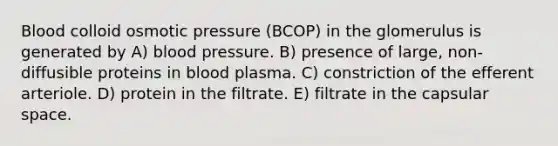 Blood colloid osmotic pressure (BCOP) in the glomerulus is generated by A) blood pressure. B) presence of large, non-diffusible proteins in blood plasma. C) constriction of the efferent arteriole. D) protein in the filtrate. E) filtrate in the capsular space.