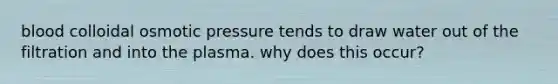 blood colloidal osmotic pressure tends to draw water out of the filtration and into the plasma. why does this occur?