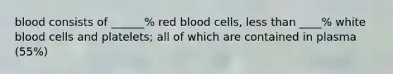 blood consists of ______% red blood cells, less than ____% white blood cells and platelets; all of which are contained in plasma (55%)