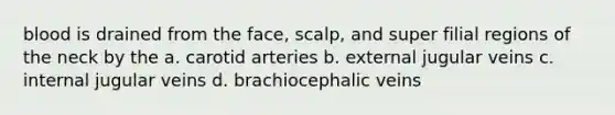 blood is drained from the face, scalp, and super filial regions of the neck by the a. carotid arteries b. external jugular veins c. internal jugular veins d. brachiocephalic veins