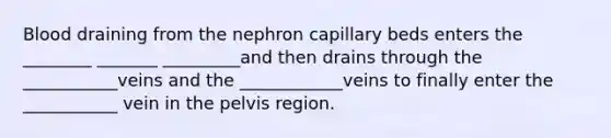 Blood draining from the nephron capillary beds enters the ________ _______ _________and then drains through the ___________veins and the ____________veins to finally enter the ___________ vein in the pelvis region.