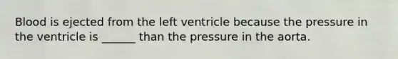 Blood is ejected from the left ventricle because the pressure in the ventricle is ______ than the pressure in the aorta.