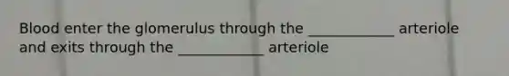 Blood enter the glomerulus through the ____________ arteriole and exits through the ____________ arteriole