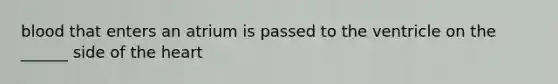 blood that enters an atrium is passed to the ventricle on the ______ side of <a href='https://www.questionai.com/knowledge/kya8ocqc6o-the-heart' class='anchor-knowledge'>the heart</a>