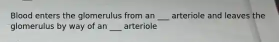 Blood enters the glomerulus from an ___ arteriole and leaves the glomerulus by way of an ___ arteriole