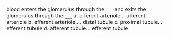 blood enters the glomerulus through the ___ and exits the glomerulus through the ___ a. efferent arteriole... afferent arteriole b. efferent arteriole.... distal tubule c. proximal tubule... efferent tubule d. afferent tubule... efferent tubule