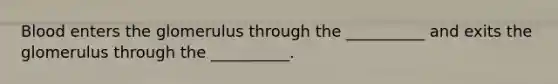 Blood enters the glomerulus through the __________ and exits the glomerulus through the __________.