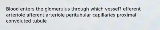 Blood enters the glomerulus through which vessel? efferent arteriole afferent arteriole peritubular capillaries proximal convoluted tubule