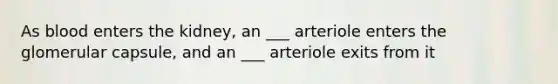 As blood enters the kidney, an ___ arteriole enters the glomerular capsule, and an ___ arteriole exits from it