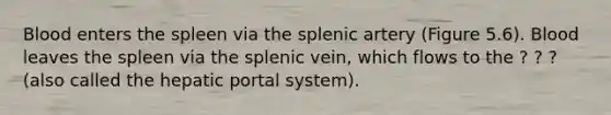 Blood enters the spleen via the splenic artery (Figure 5.6). Blood leaves the spleen via the splenic vein, which flows to the ? ? ? (also called the hepatic portal system).