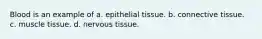 Blood is an example of a. epithelial tissue. b. connective tissue. c. muscle tissue. d. nervous tissue.