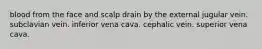 blood from the face and scalp drain by the external jugular vein. subclavian vein. inferior vena cava. cephalic vein. superior vena cava.