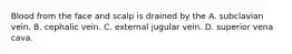 Blood from the face and scalp is drained by the A. subclavian vein. B. cephalic vein. C. external jugular vein. D. superior vena cava.