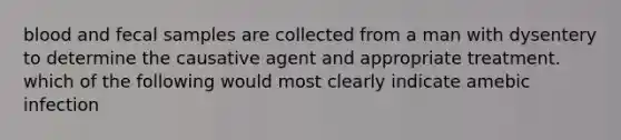 blood and fecal samples are collected from a man with dysentery to determine the causative agent and appropriate treatment. which of the following would most clearly indicate amebic infection