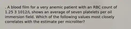 . A blood film for a very anemic patient with an RBC count of 1.25 3 1012/L shows an average of seven platelets per oil immersion field. Which of the following values most closely correlates with the estimate per microliter?