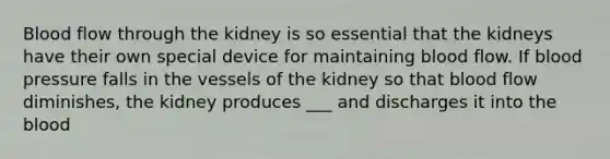 Blood flow through the kidney is so essential that the kidneys have their own special device for maintaining blood flow. If blood pressure falls in the vessels of the kidney so that blood flow diminishes, the kidney produces ___ and discharges it into the blood