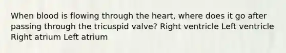 When blood is flowing through <a href='https://www.questionai.com/knowledge/kya8ocqc6o-the-heart' class='anchor-knowledge'>the heart</a>, where does it go after passing through the tricuspid valve? Right ventricle Left ventricle Right atrium Left atrium