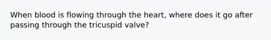 When blood is flowing through the heart, where does it go after passing through the tricuspid valve?