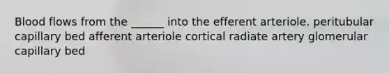 Blood flows from the ______ into the efferent arteriole. peritubular capillary bed afferent arteriole cortical radiate artery glomerular capillary bed