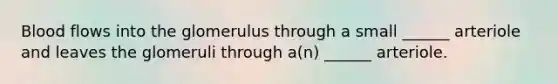 Blood flows into the glomerulus through a small ______ arteriole and leaves the glomeruli through a(n) ______ arteriole.