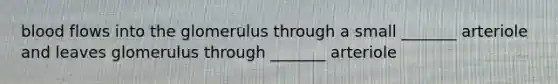 blood flows into the glomerulus through a small _______ arteriole and leaves glomerulus through _______ arteriole