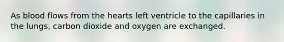 As blood flows from the hearts left ventricle to the capillaries in the lungs, carbon dioxide and oxygen are exchanged.